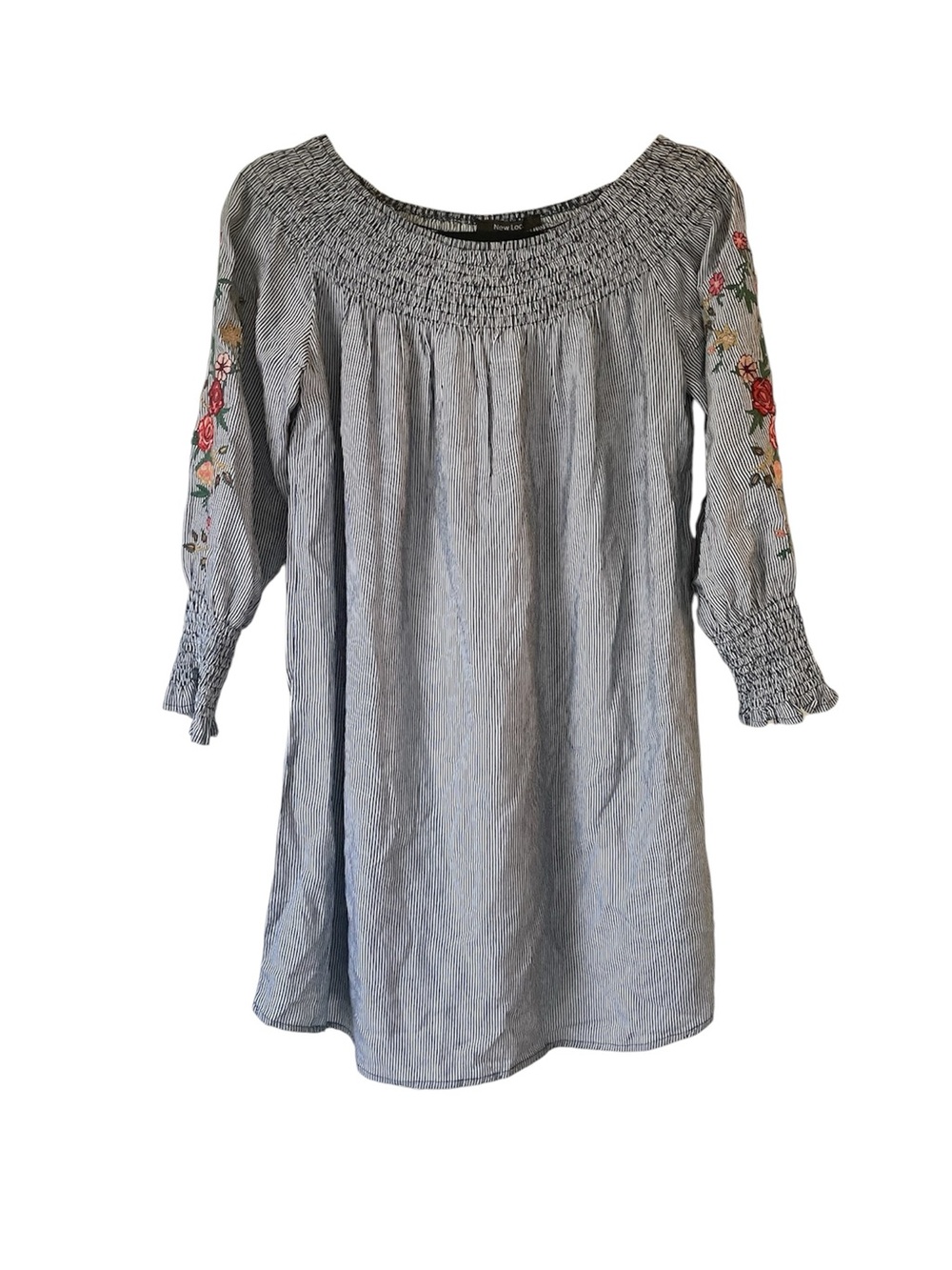 New Look pinstripe floral embroidered off the shoulder mini length dress size S
